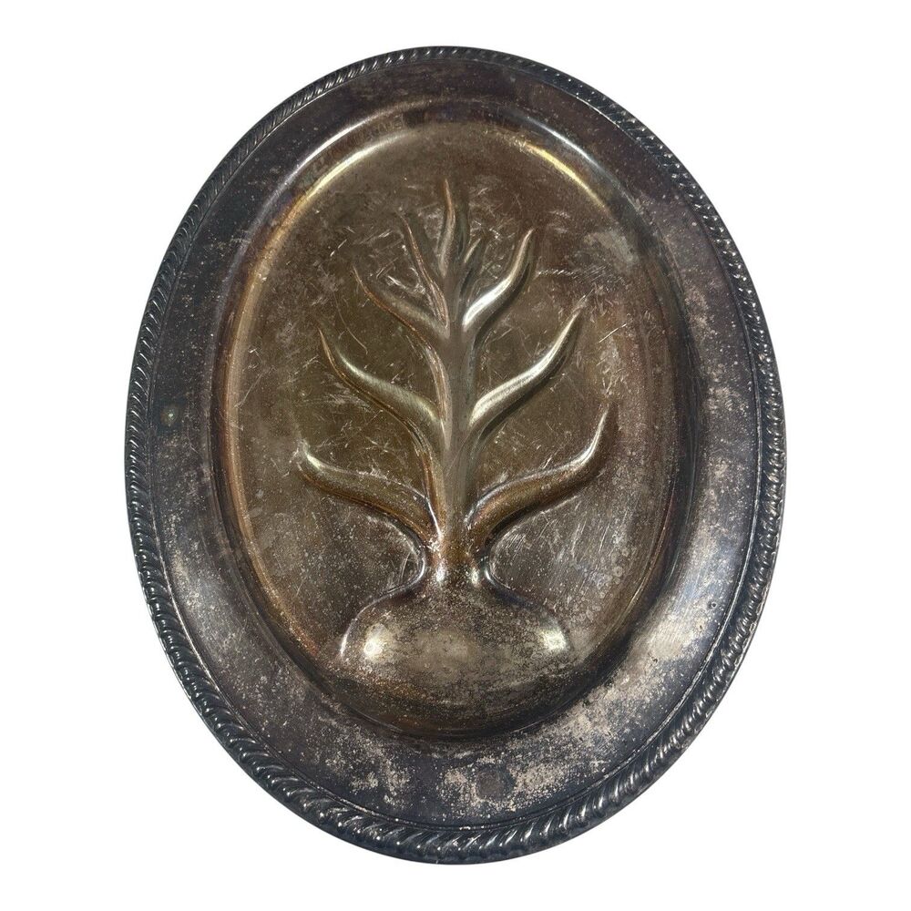 Vintage Footed Silverplate Tree of Life Tray 16” Decorative Metal Centerpiece